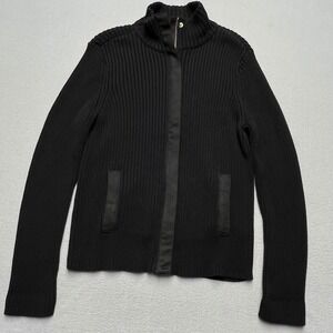Ralph Lauren Chunky knit Sweater Petite Black Ribbed Full Zip Jacket Leathertrim